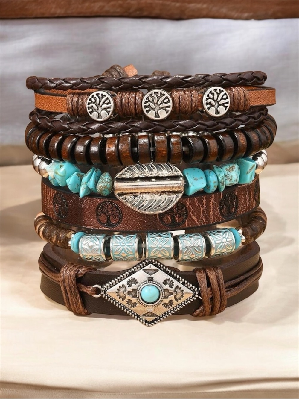 🌙✨6ps Boho Layered Brown Leather Bracelet Stack with Turquoise Accents